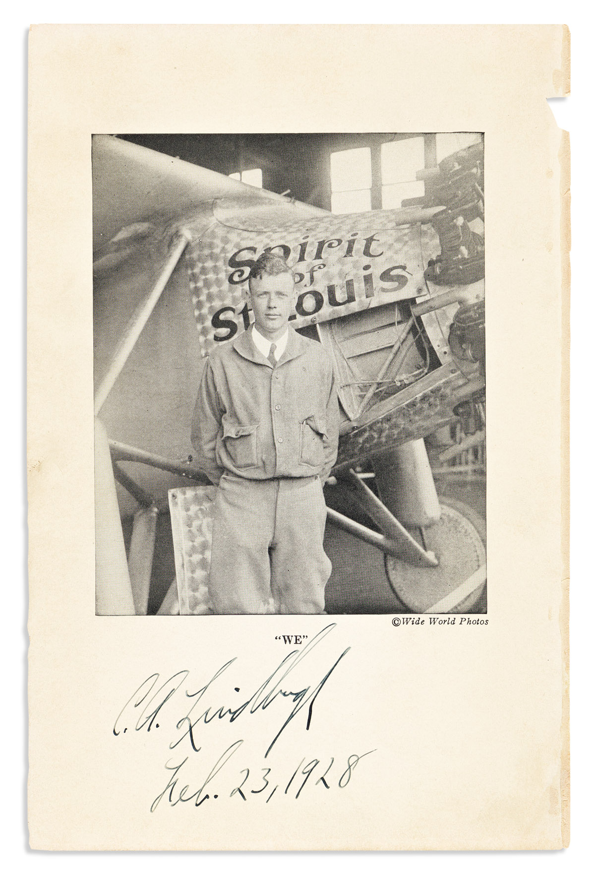 (AVIATORS.) LINDBERGH, CHARLES A. Date and Signature, C.A. Lindbergh, written in blank margin below a half-length portrait of him